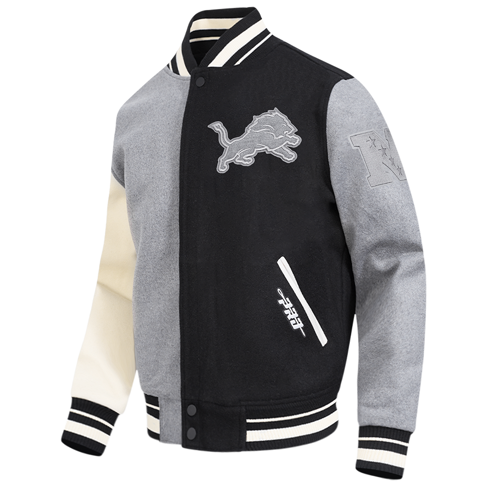 NFL DETROIT LIONS REVERSE FRENCH TERRY MEN'S CB WOOL VARSITY JACKET (BLACK/GRAY/EGGSHELL)