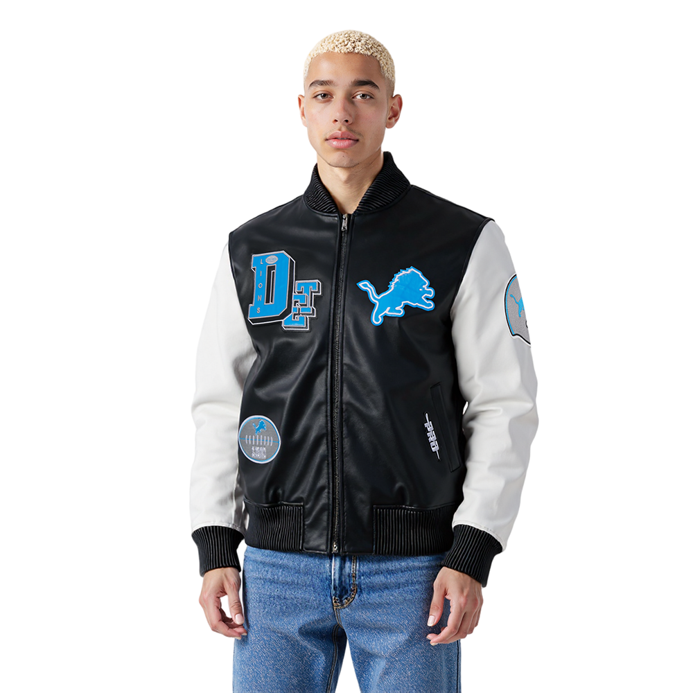 NFL DETROIT LIONS BEST OF MEN'S LEATHER VARSITY JACKET (BLACK/WHITE)
