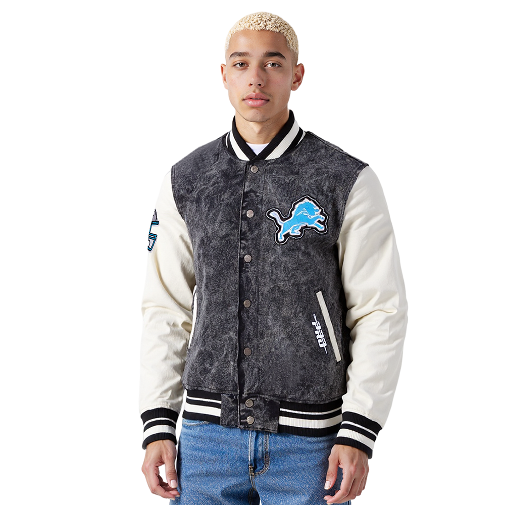 NFL DETROIT LIONS REBEL ATHLETICS MEN'S DENIM VARSITY JACKET (WASHED BLACK/EGGSHELL)