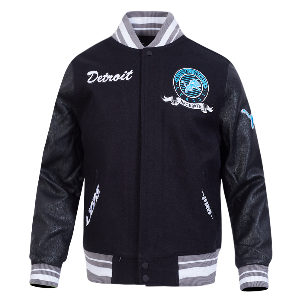 NFL DETROIT LIONS TEAM BADGE MEN'S RIB WOOL VARSITY JACKET (BLACK/GRAY)