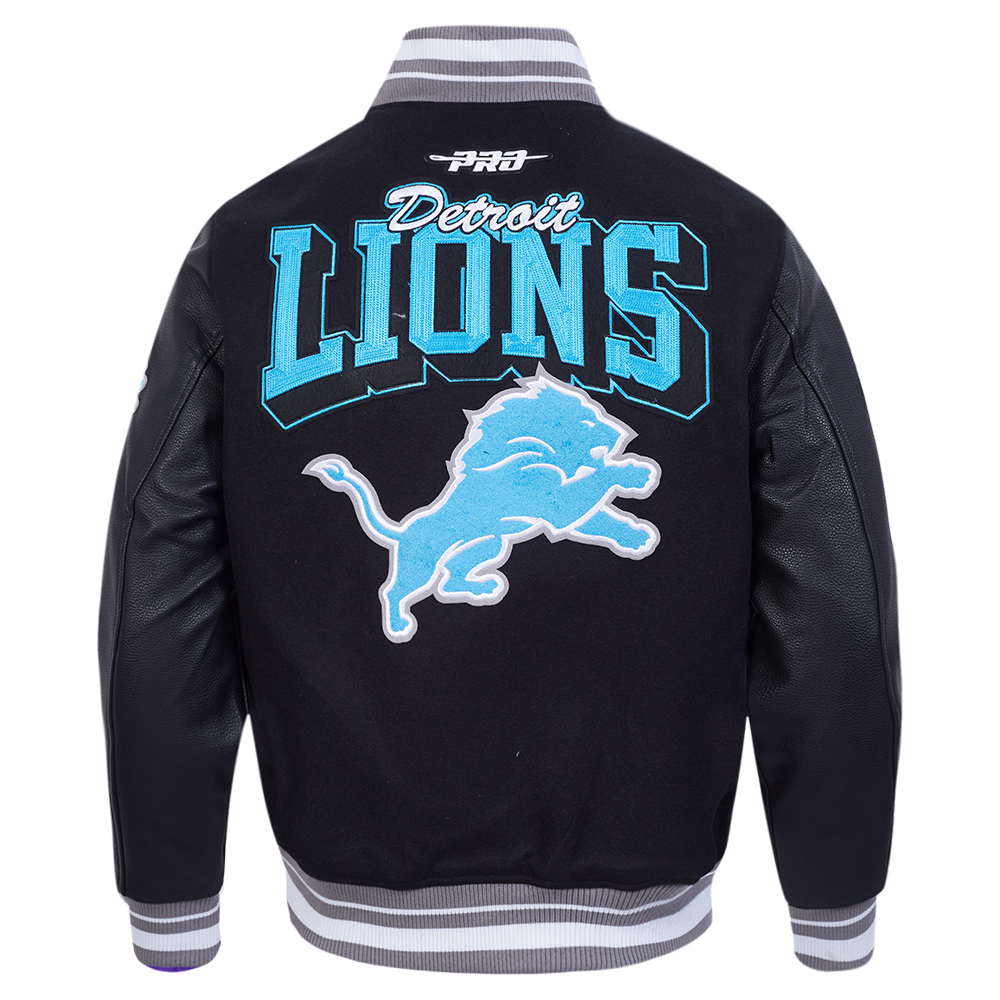 NFL DETROIT LIONS TEAM BADGE MEN'S RIB WOOL VARSITY JACKET (BLACK/GRAY)
