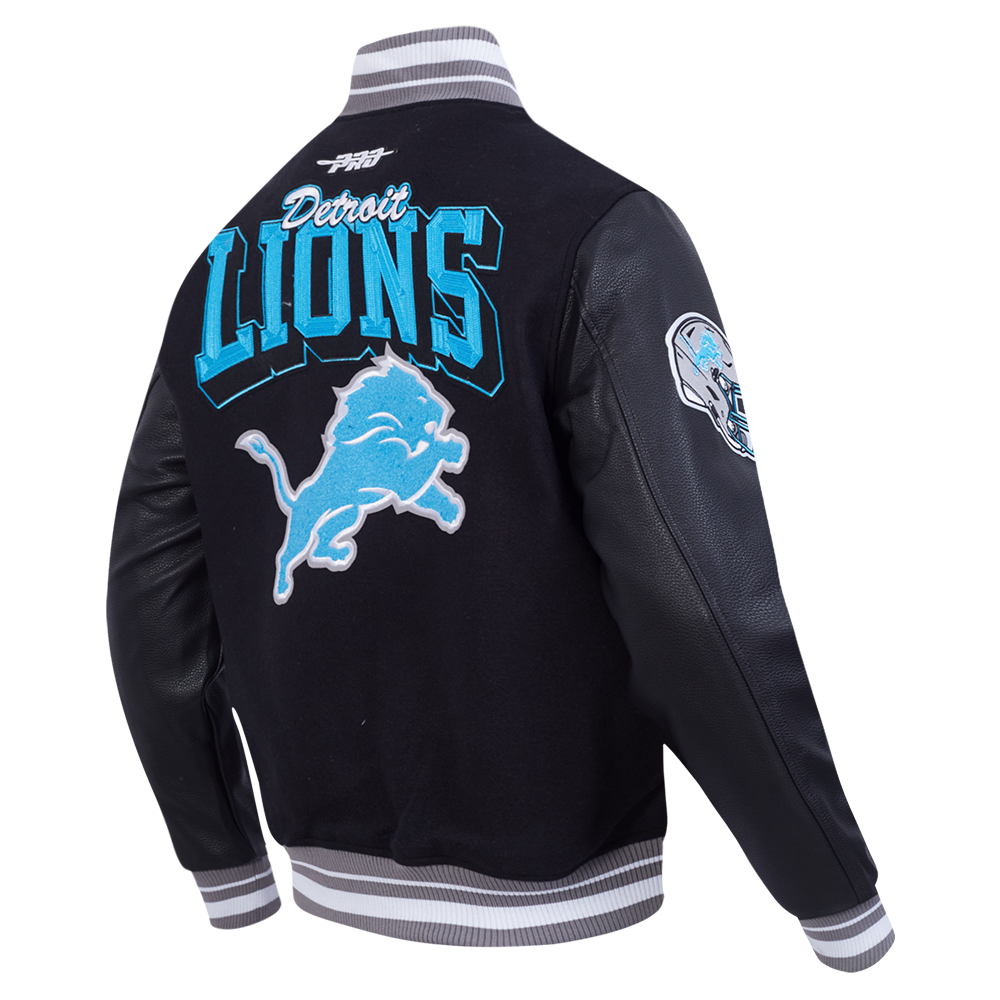 NFL DETROIT LIONS TEAM BADGE MEN'S RIB WOOL VARSITY JACKET (BLACK/GRAY)