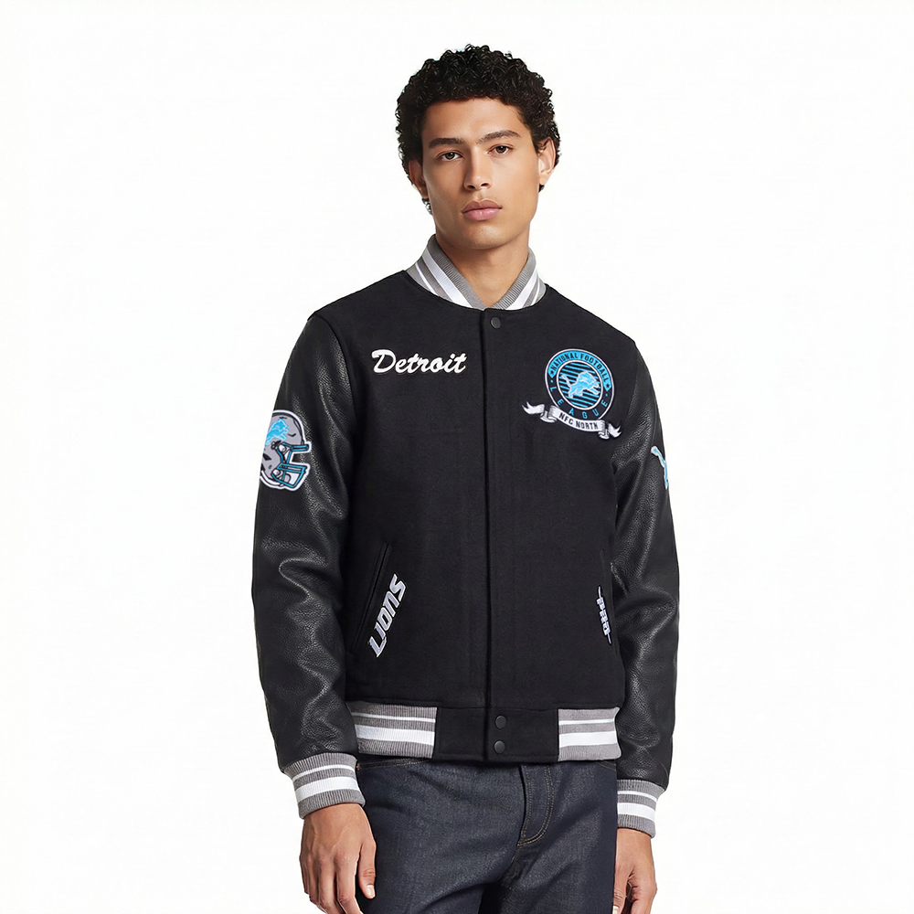 NFL DETROIT LIONS TEAM BADGE MEN'S RIB WOOL VARSITY JACKET (BLACK/GRAY)