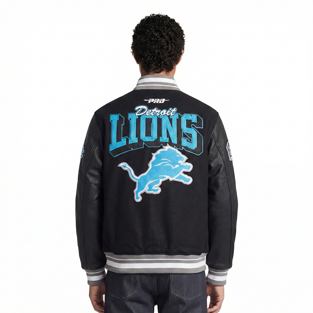NFL DETROIT LIONS TEAM BADGE MEN'S RIB WOOL VARSITY JACKET (BLACK/GRAY)