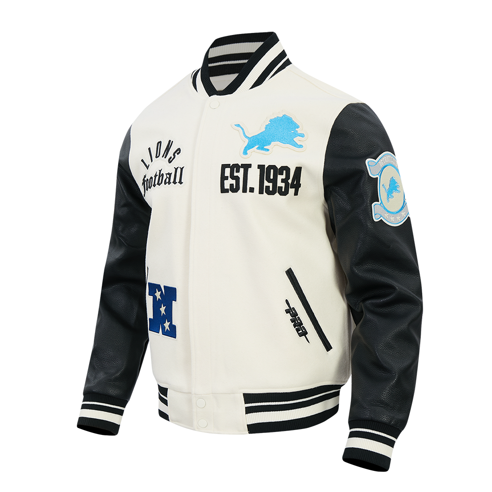 NFL DETROIT LIONS MODERN ORIGINALS MEN'S RIB WOOL VARSITY JACKET (EGGSHELL/ BLACK)