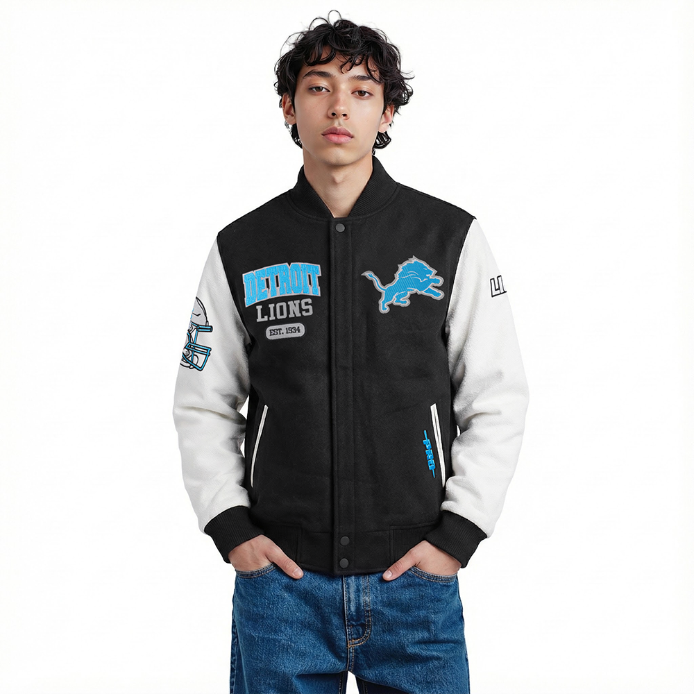 NFL DETROIT LIONS CITY ARCH BLOUSON COLLÉGIAL EN LAINE POUR HOMME (NOIR/BLANC M60030)