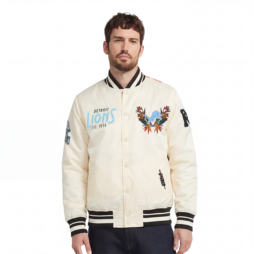 NFL DETROIT LIONS PARADISE MEN'S SATIN JACKET (EGGSHELL/ BLACK)