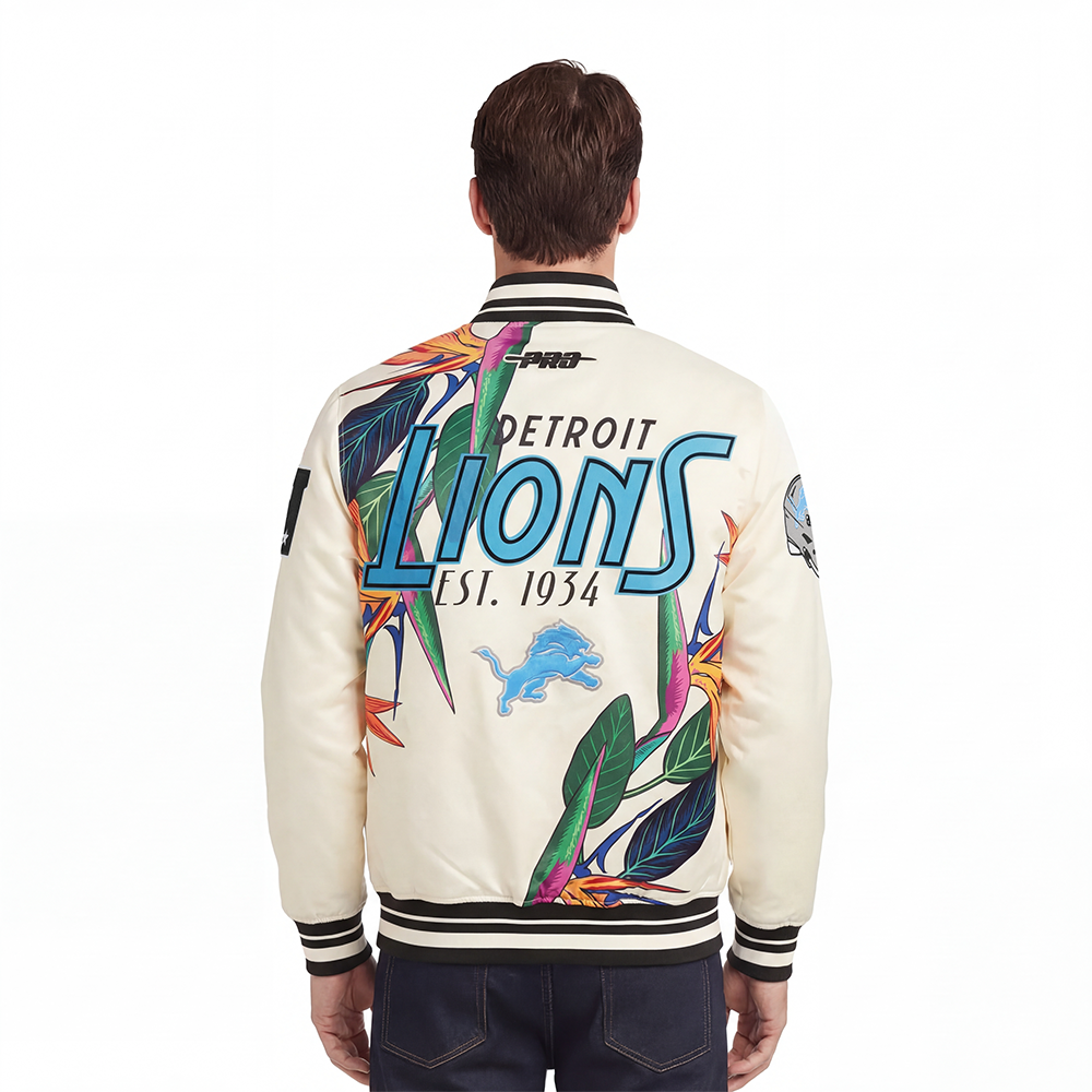NFL DETROIT LIONS PARADISE MEN'S SATIN JACKET (EGGSHELL/ BLACK)