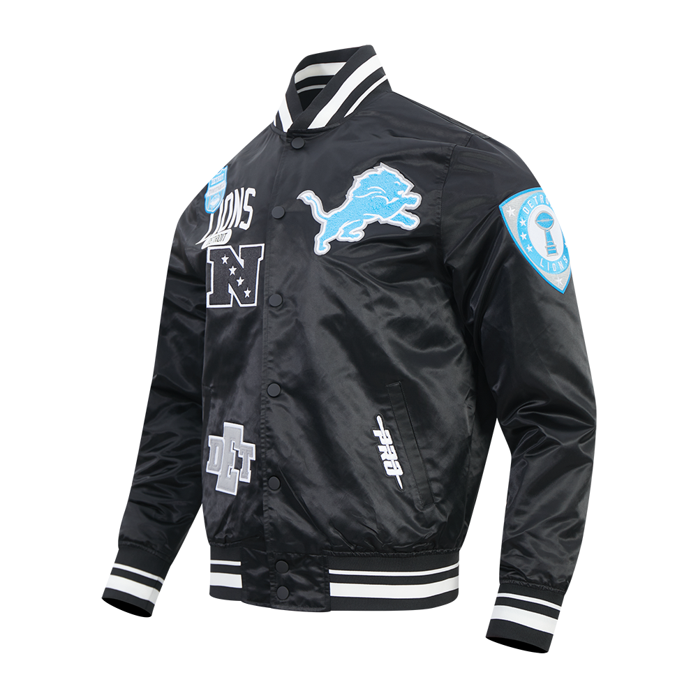 NFL DETROIT LIONS LETTERMAN BLOUSON EN SATIN POUR HOMME (NOIR)