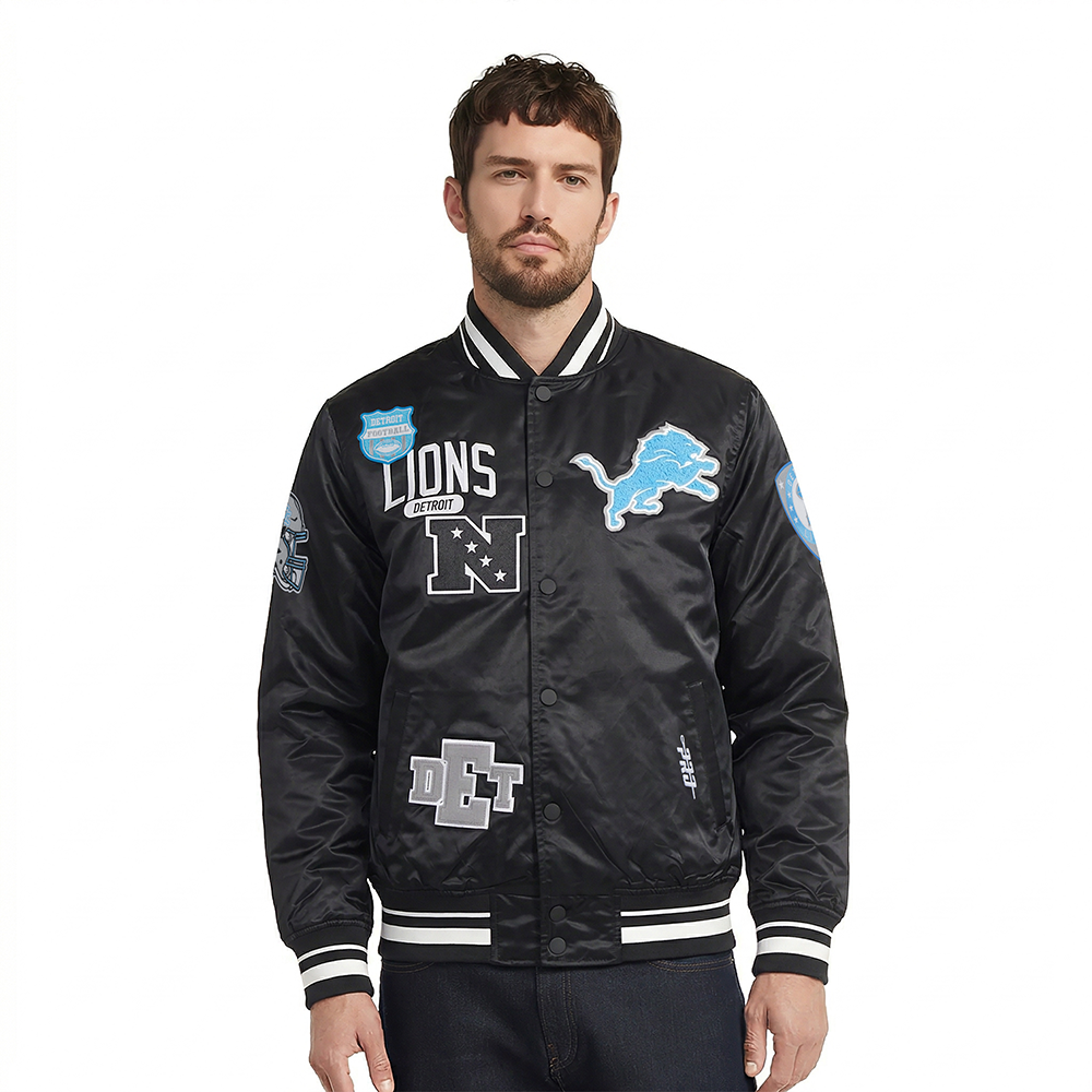 NFL DETROIT LIONS LETTERMAN BLOUSON EN SATIN POUR HOMME (NOIR)