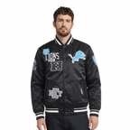NFL DETROIT LIONS LETTERMAN BLOUSON EN SATIN POUR HOMME (NOIR)