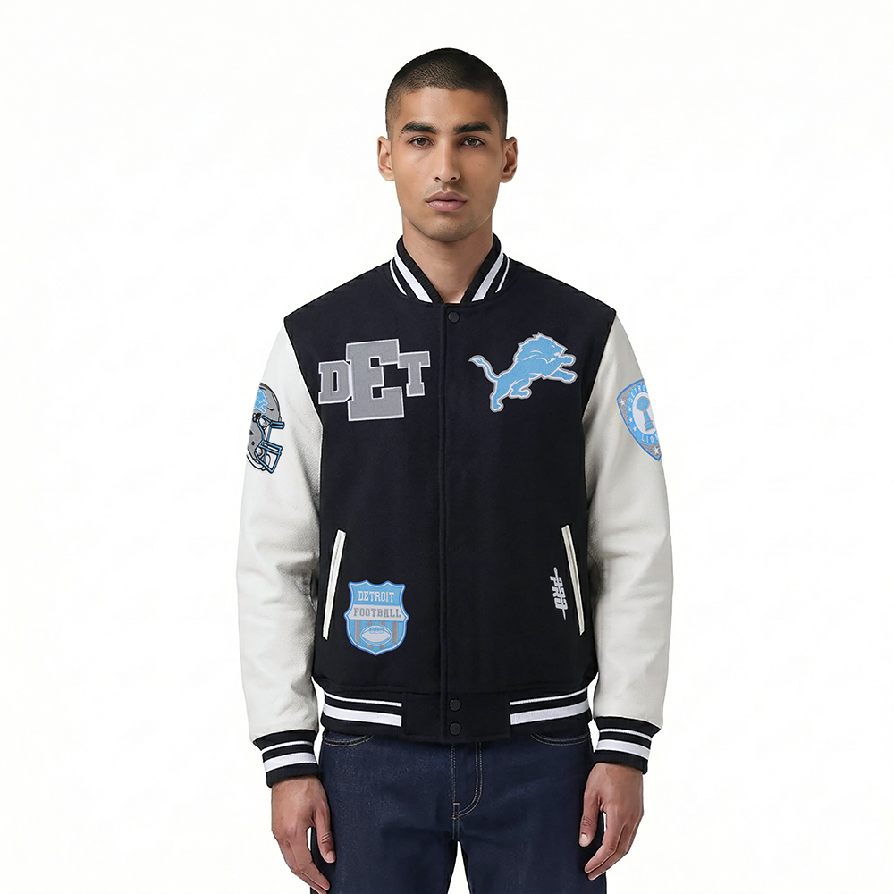 NFL DETROIT LIONS LETTERMAN BLOUSON COLLÉGIAL POUR HOMME (NOIR/BLANC)