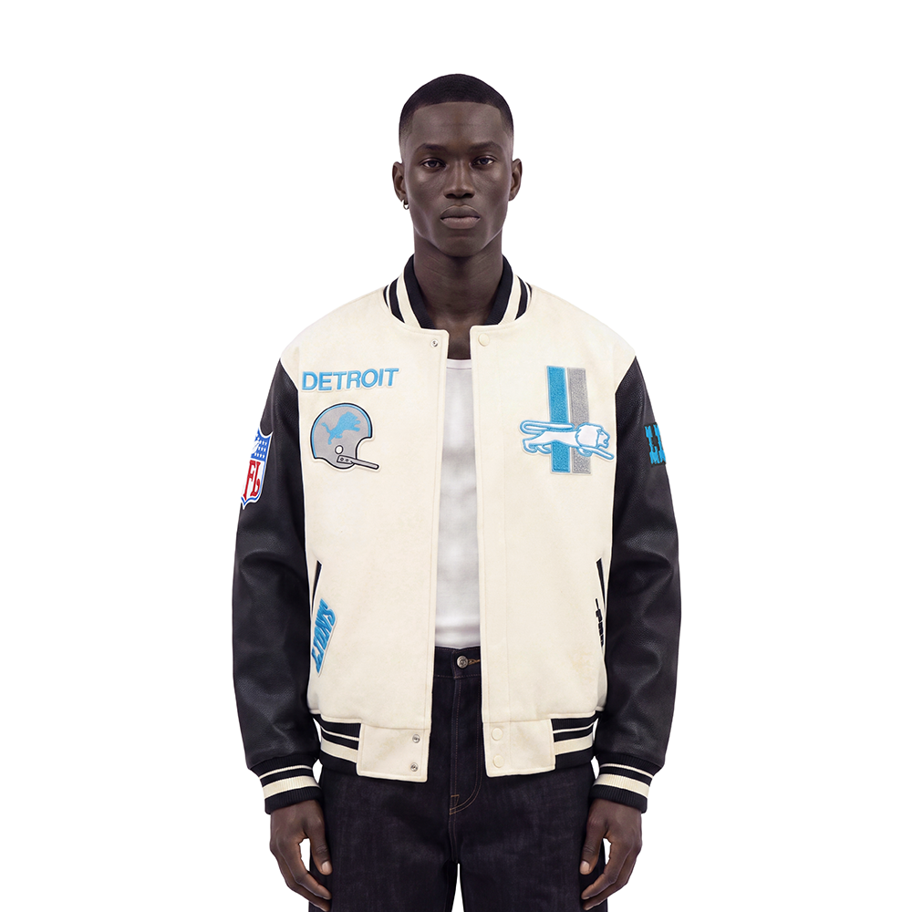 NFL DETROIT LIONS RETRO CLASSICS BLOUSON COLLÉGIAL POUR HOMME (COQUILLE D'ŒUF/NOIR)