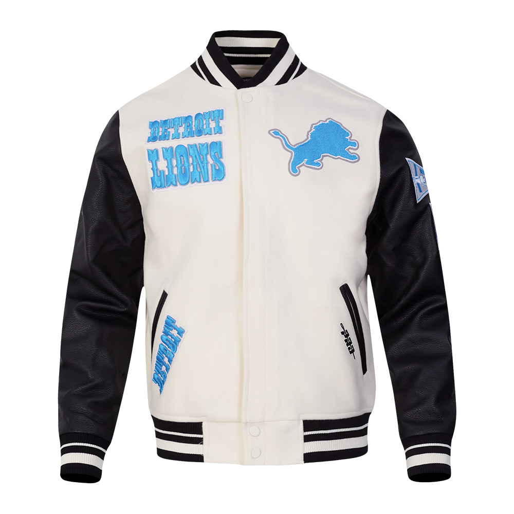 NFL DETROIT LIONS RETRO CLASSIC BLOUSON COLLÉGIAL EN LAINE À BORDS CÔTELÉS POUR HOMME (COQUILLE D'ŒUF/NOIR)