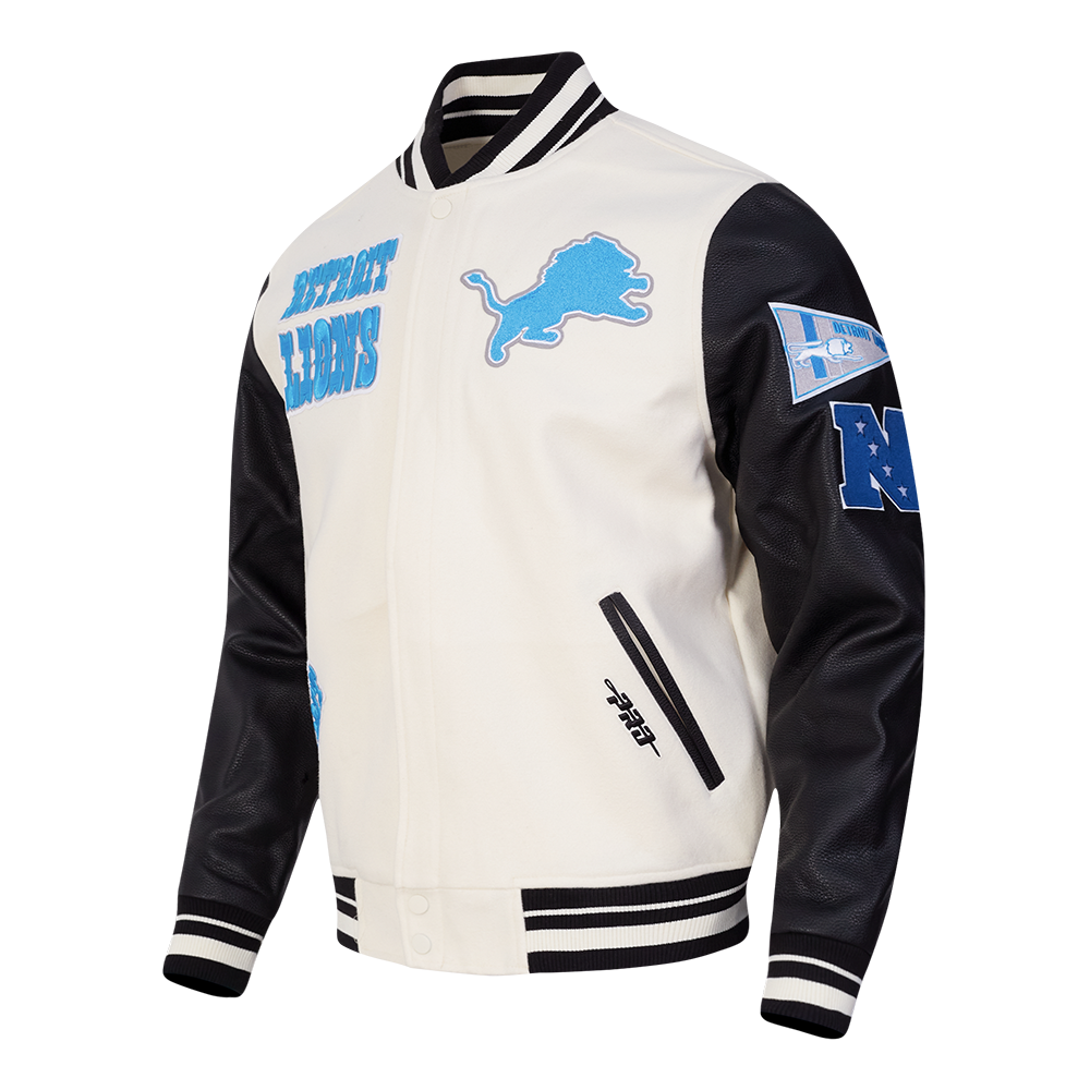 NFL DETROIT LIONS RETRO CLASSIC BLOUSON COLLÉGIAL EN LAINE À BORDS CÔTELÉS POUR HOMME (COQUILLE D'ŒUF/NOIR)