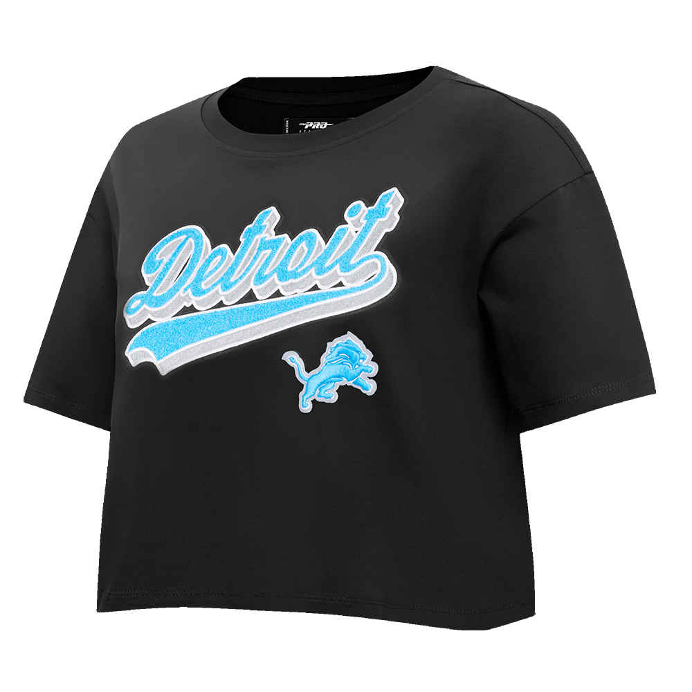 NFL DETROIT LIONS SCRIPT TAIL WOMEN'S SINGLE JERSEY BOXY TEE (BLACK)