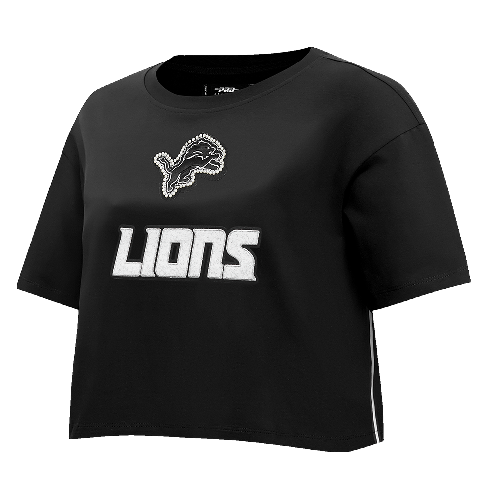 NFL DETROIT LIONS PEARLS T-SHIRT EN JERSEY SIMPLE À COUPE CARRÉE POUR FEMME (NOIR)
