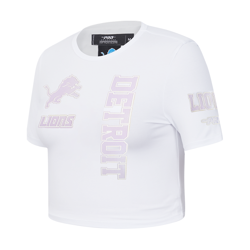 NFL DETROIT LIONS HOLOGRAM T-SHIRT EN JERSEY SIMPLE À COUPE CARRÉE POUR FEMME (BLANC)