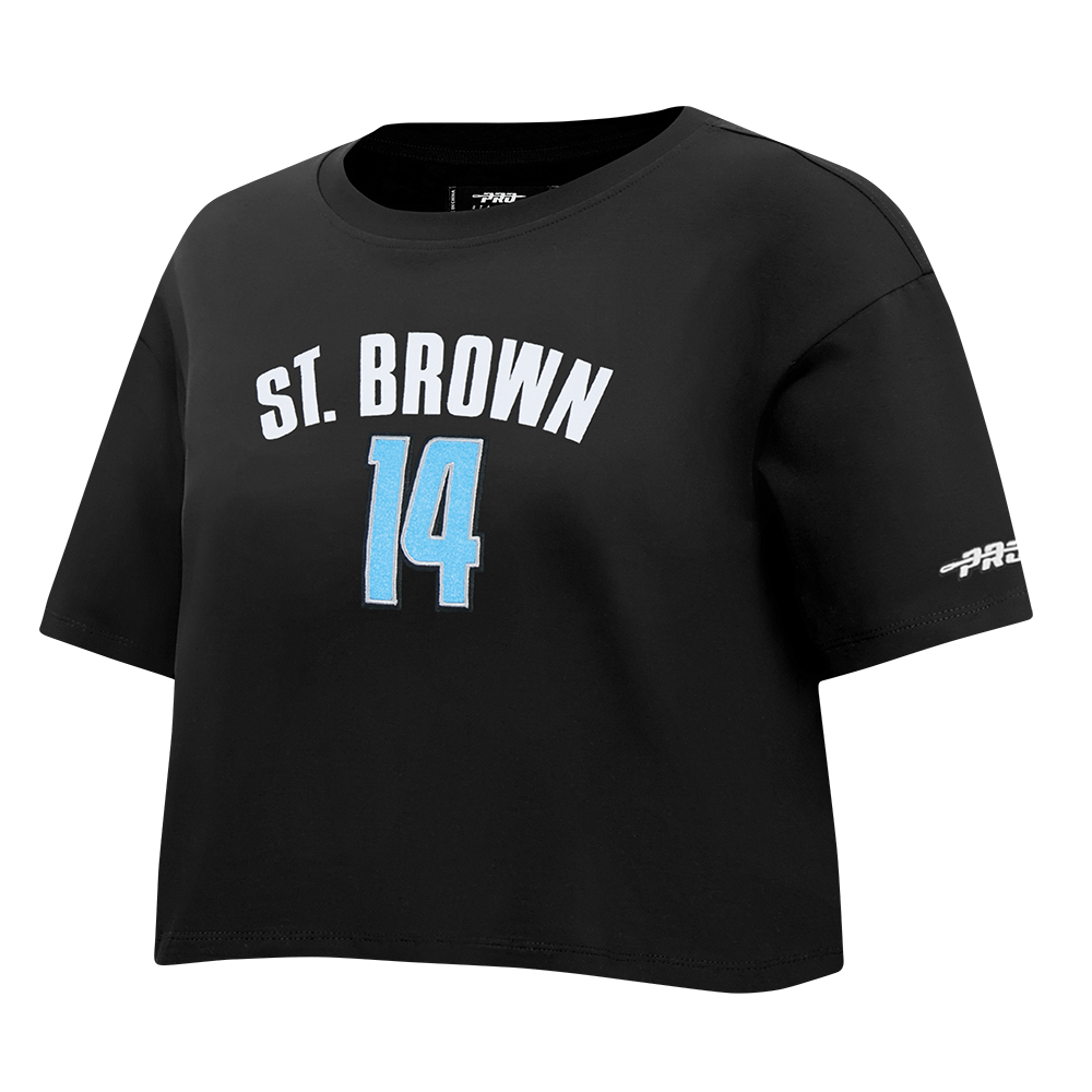 NFL DETROIT LIONS AMON RA ST. BROWN #14 CLASSIC PNN WOMEN'S SJ BOXY TEE (BLACK)