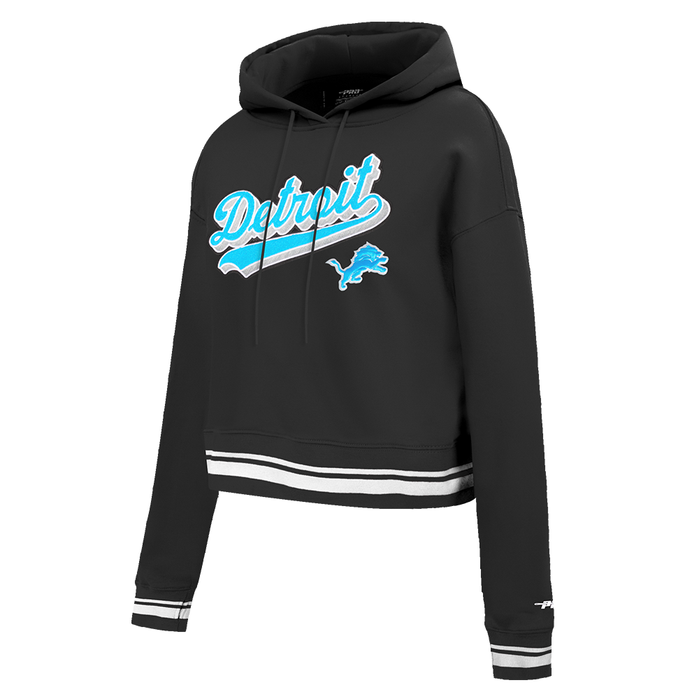 NFL DETROIT LIONS SCRIPT TAIL WOMEN'S RIB FLEECE CROPPED PULLOVER HOODIE (BLACK)