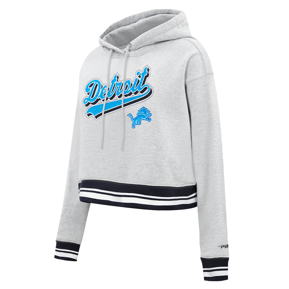NFL DETROIT LIONS SCRIPT TAIL WOMEN'S RIB FLEECE CROPPED PULLOVER HOODIE (HEATHER GRAY/BLACK)