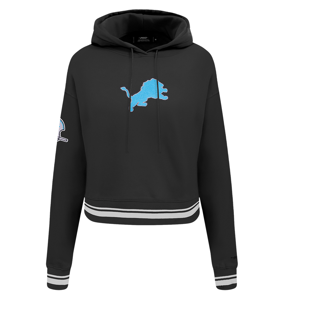 NFL DETROIT LIONS RETRO CLASSIC WOMEN'S RIB CROPPED FLEECE PULLOVER HOODIE (BLACK)