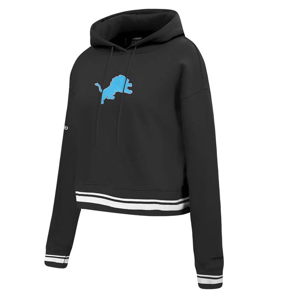 NFL DETROIT LIONS RETRO CLASSIC WOMEN'S RIB CROPPED FLEECE PULLOVER HOODIE (BLACK)