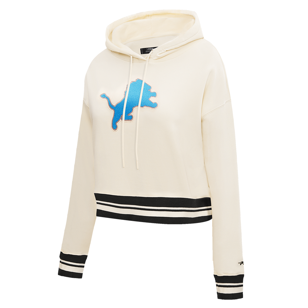 NFL DETROIT LIONS RETRO CLASSIC RIB CROPPED FLEECE PULLOVER HOODIE (EGGSHELL/ BLACK)