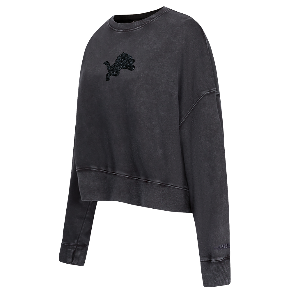 NFL DETROIT LIONS WASHED CRYSTALLINE WOMEN'S ENZYME WASH FT CREWNECK (WASHED BLACK)