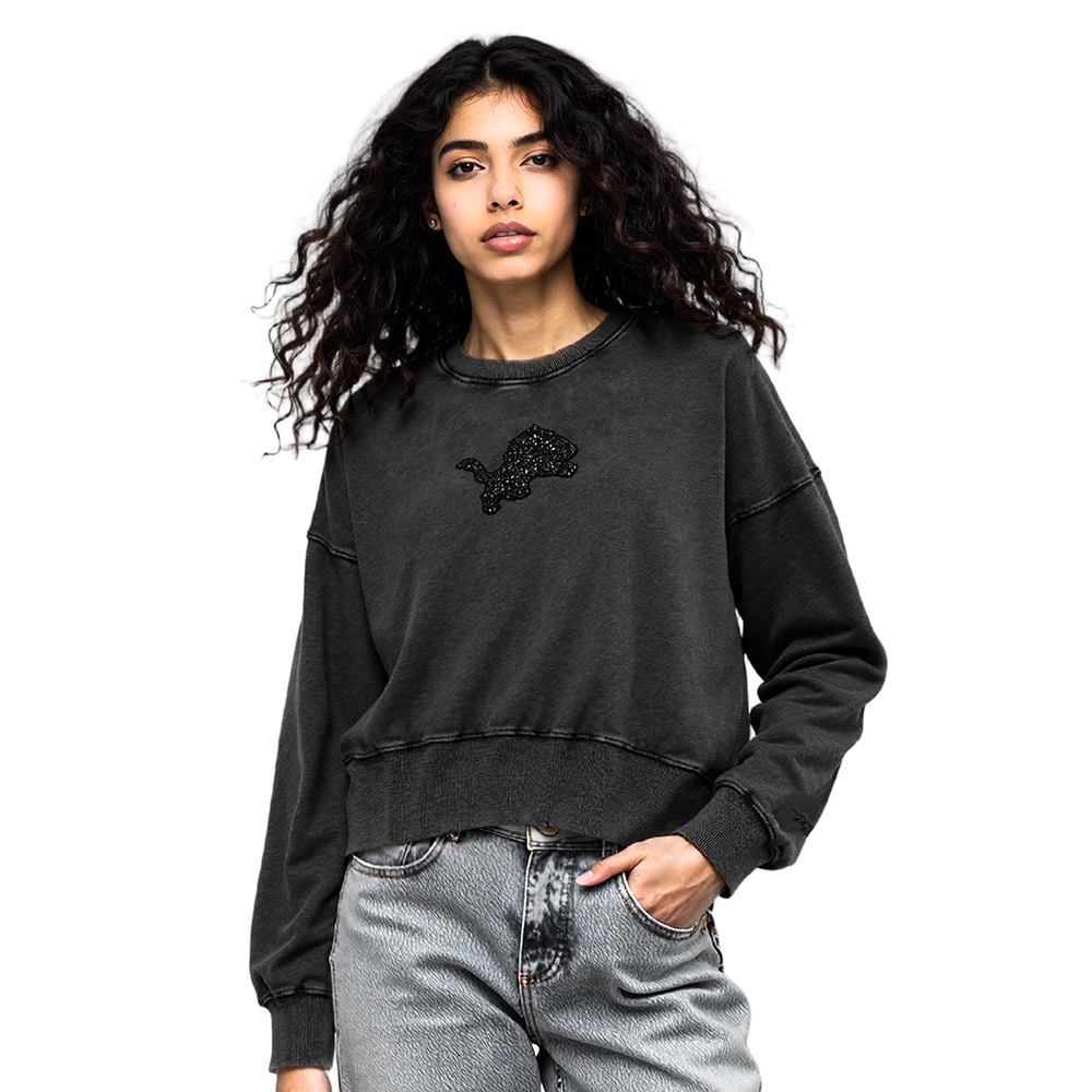 NFL DETROIT LIONS WASHED CRYSTALLINE WOMEN'S ENZYME WASH FT CREWNECK (WASHED BLACK)