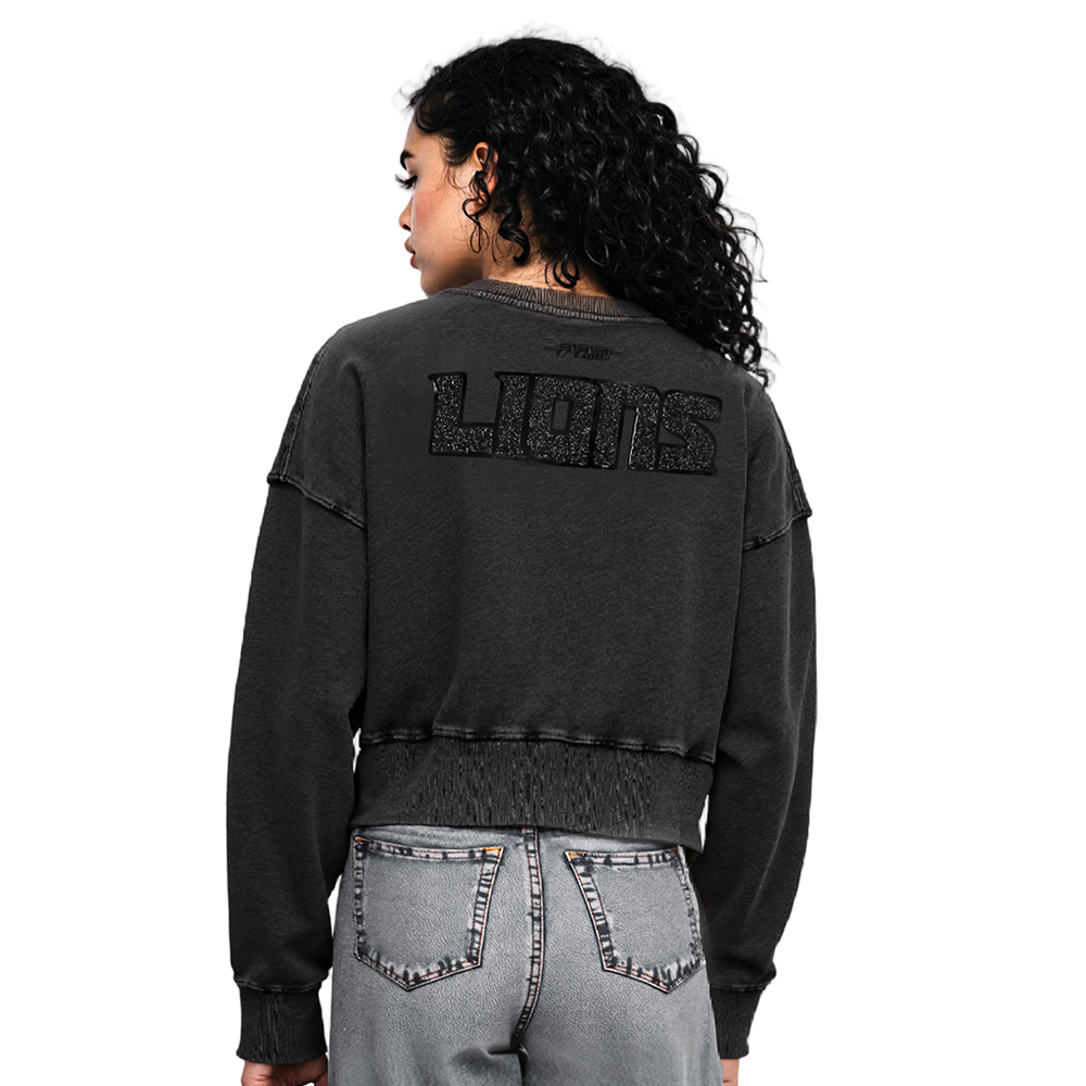 NFL DETROIT LIONS WASHED CRYSTALLINE WOMEN'S ENZYME WASH FT CREWNECK (WASHED BLACK)