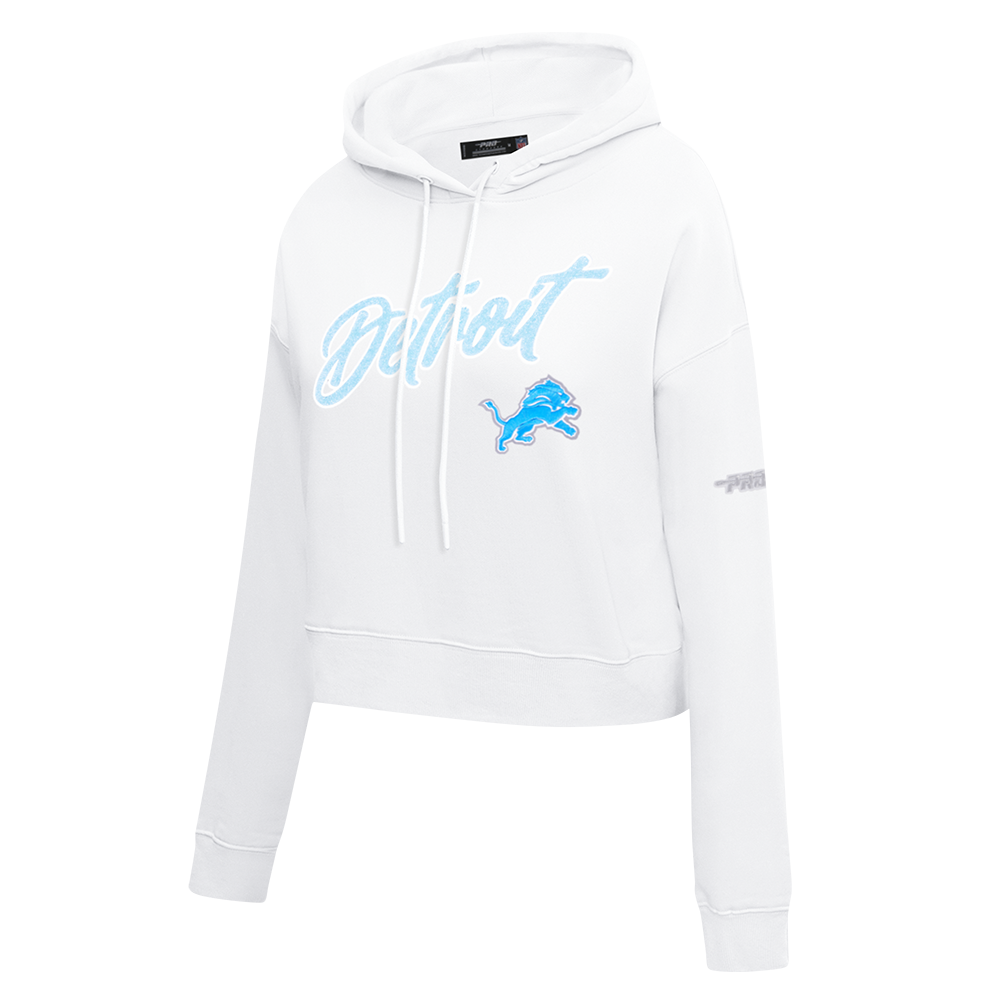 NFL DETROIT LIONS TEAM CRYSTALLINE WOMEN'S CROPPED PULLOVER HOODIE (WHITE)