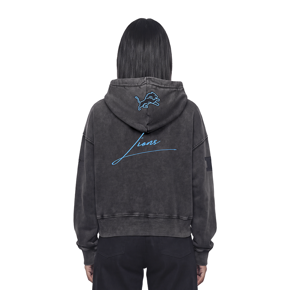 NFL DETROIT LIONS ECLIPSE CHANDAIL À CAPUCHON COURT POUR FEMME (NOIR DÉLAVÉ)