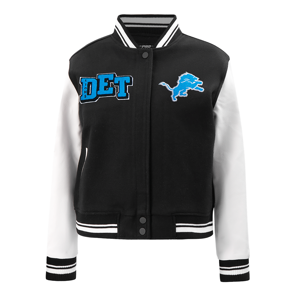 NFL DETROIT LIONS MASH UP WOMEN'S RIB WOOL VARSITY JACKET (BLACK/WHITE)