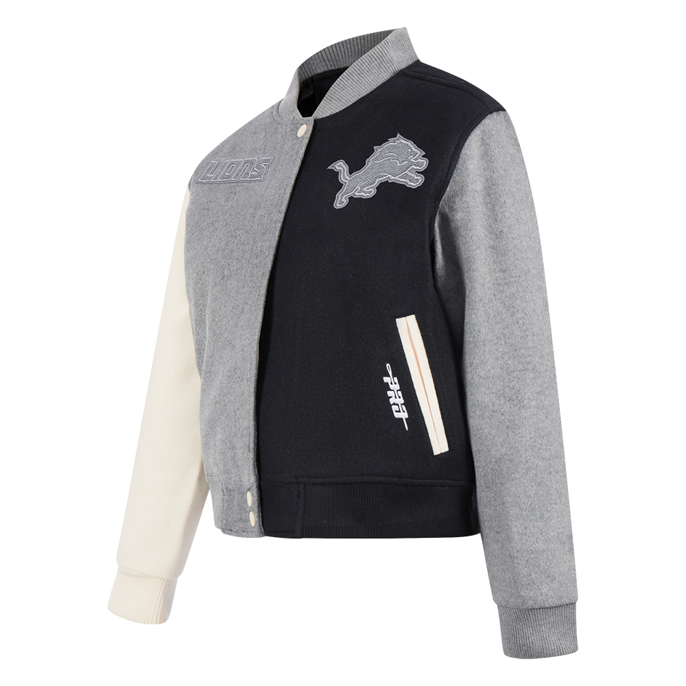 NFL DETROIT LIONS REVERSE FRENCH TERRY BLOUSON COLLÉGIAL EN LAINE POUR FEMME (NOIR/GRIS/COQUILLE D'ŒUF)