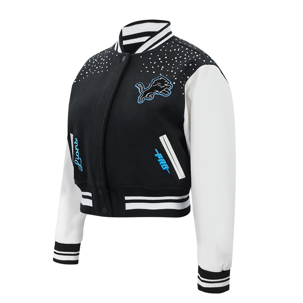 NFL DETROIT LIONS LEGACY WOMEN'S CROPPED RIB WOOL VARSITY JACKET (BLACK/WHITE)