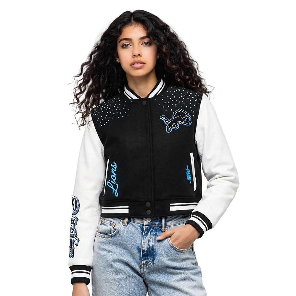 NFL DETROIT LIONS LEGACY WOMEN'S CROPPED RIB WOOL VARSITY JACKET (BLACK/WHITE)