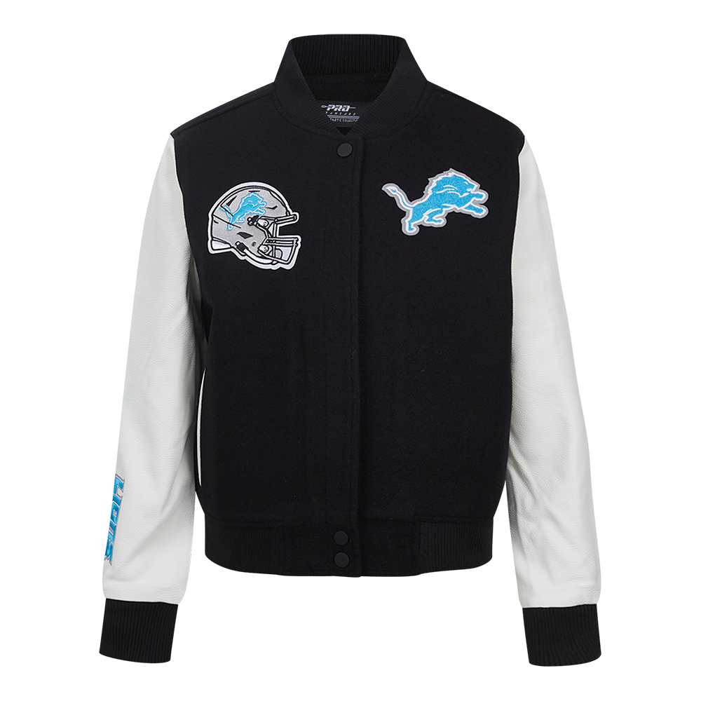 NFL DETROIT LIONS CLASSIC ESSENTIALS WOMEN'S VARSITY JACKET (BLACK/WHITE)