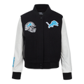 NFL DETROIT LIONS CLASSIC ESSENTIALS WOMEN'S VARSITY JACKET (BLACK/WHITE)