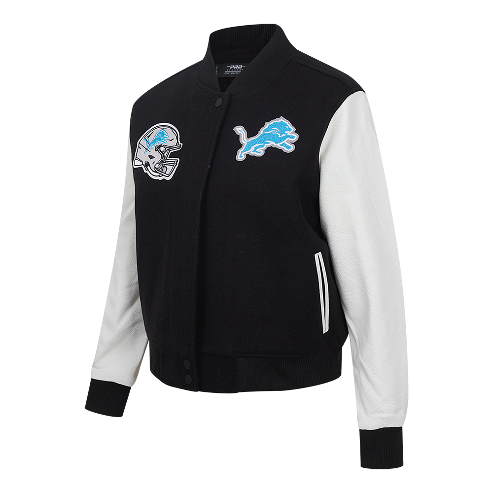 NFL DETROIT LIONS CLASSIC ESSENTIALS WOMEN'S VARSITY JACKET (BLACK/WHITE)