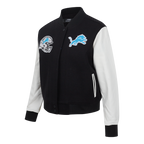 NFL DETROIT LIONS CLASSIC ESSENTIALS WOMEN'S VARSITY JACKET (BLACK/WHITE)