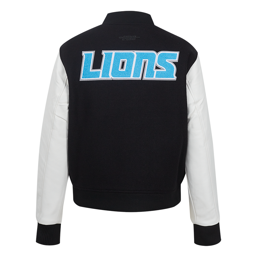 NFL DETROIT LIONS CLASSIC ESSENTIALS WOMEN'S VARSITY JACKET (BLACK/WHITE)