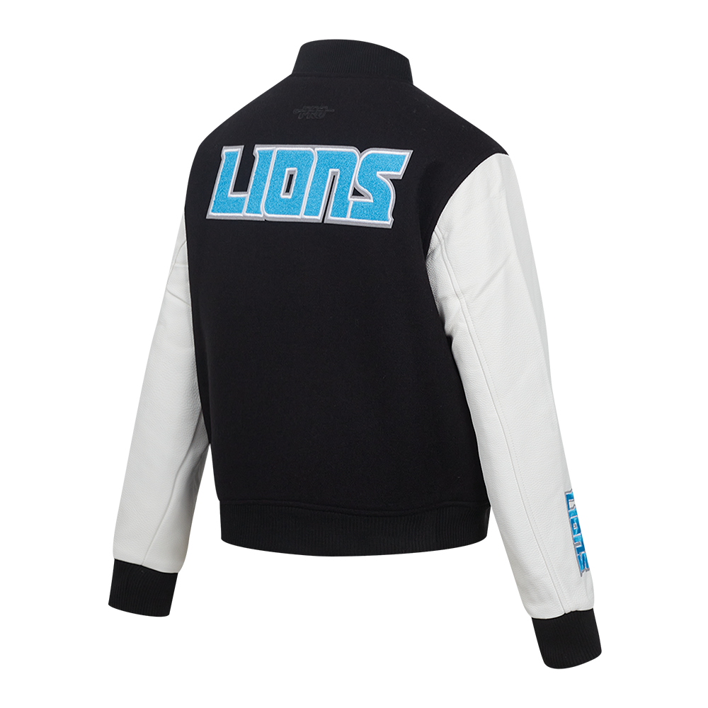 NFL DETROIT LIONS CLASSIC ESSENTIALS WOMEN'S VARSITY JACKET (BLACK/WHITE)