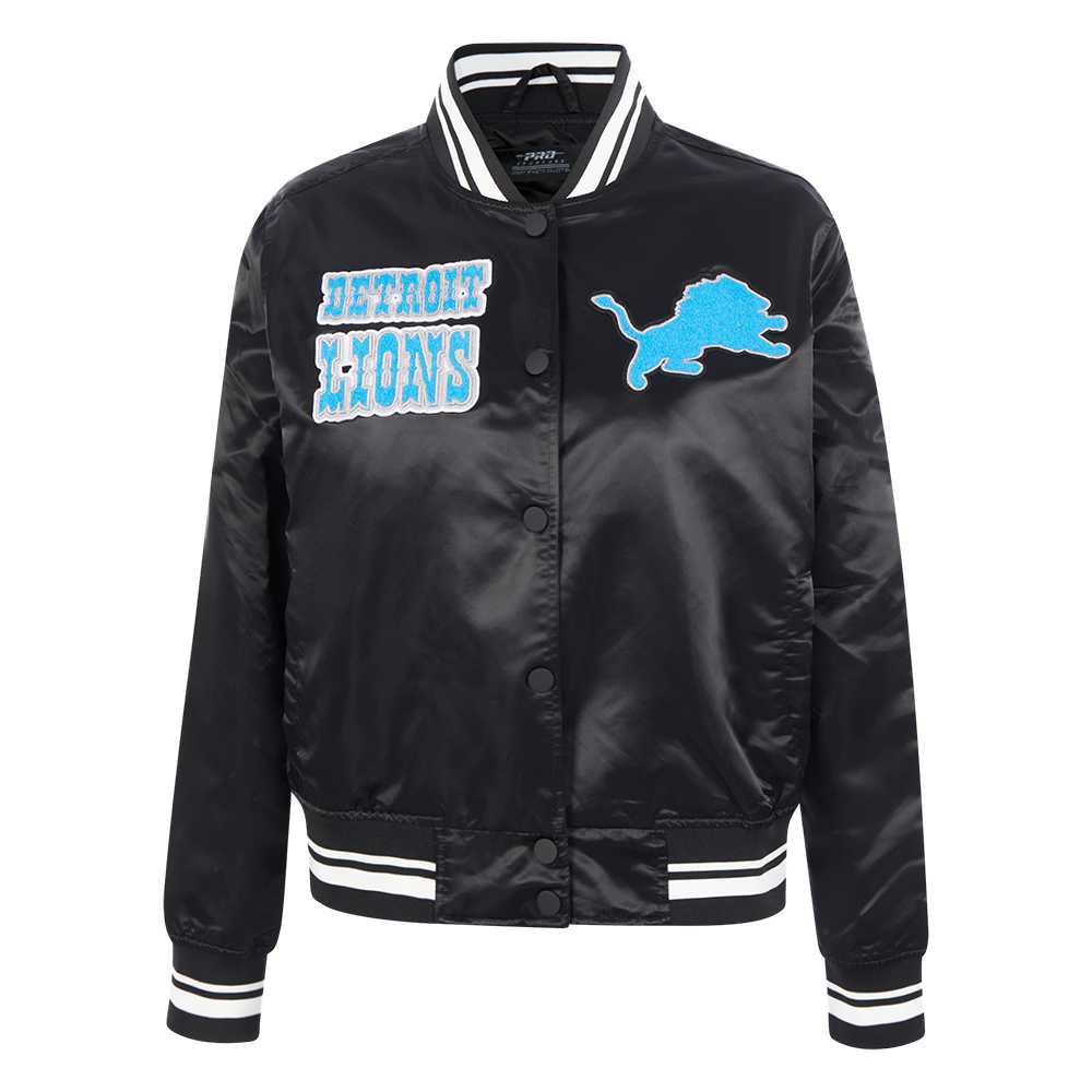NFL DETROIT LIONS RETRO CLASSIC BLOUSON EN SATIN À BORDS CÔTELÉS POUR FEMME (NOIR)