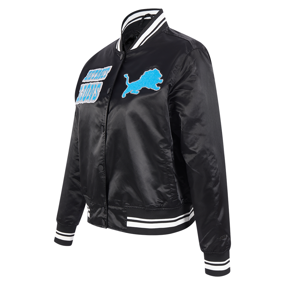NFL DETROIT LIONS RETRO CLASSIC BLOUSON EN SATIN À BORDS CÔTELÉS POUR FEMME (NOIR)