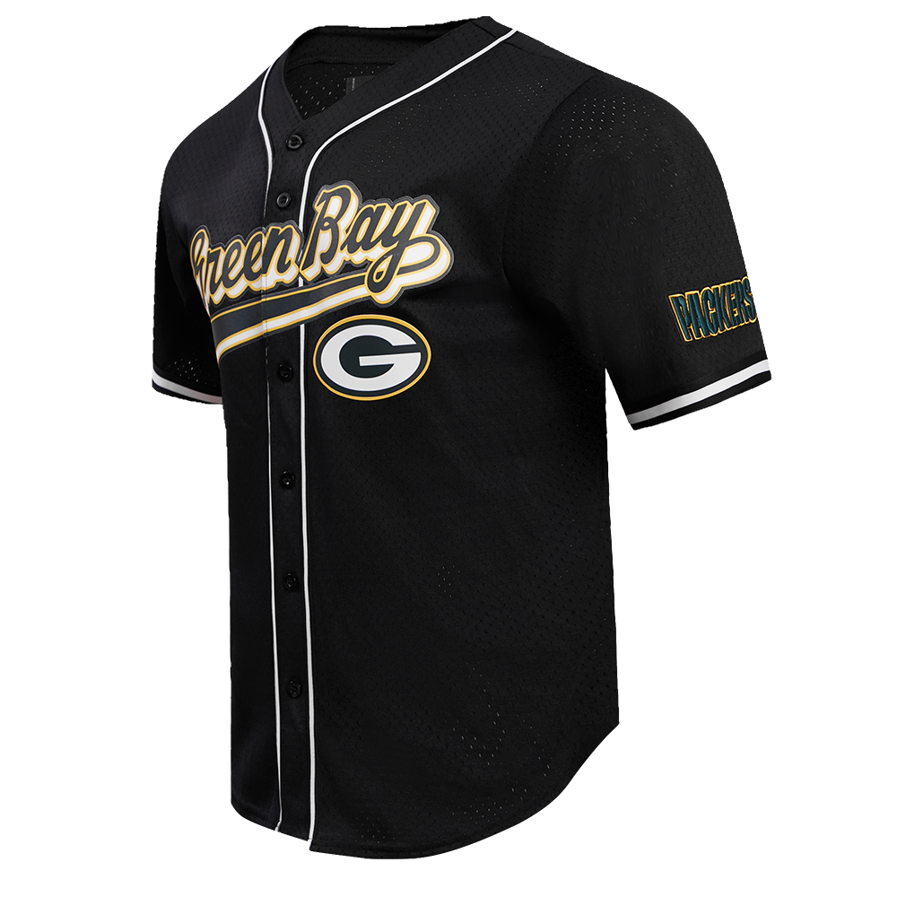 NFL GREEN BAY PACKERS SCRIPT TAIL MEN'S MESH BUTTON DOWN SHIRT (BLACK)