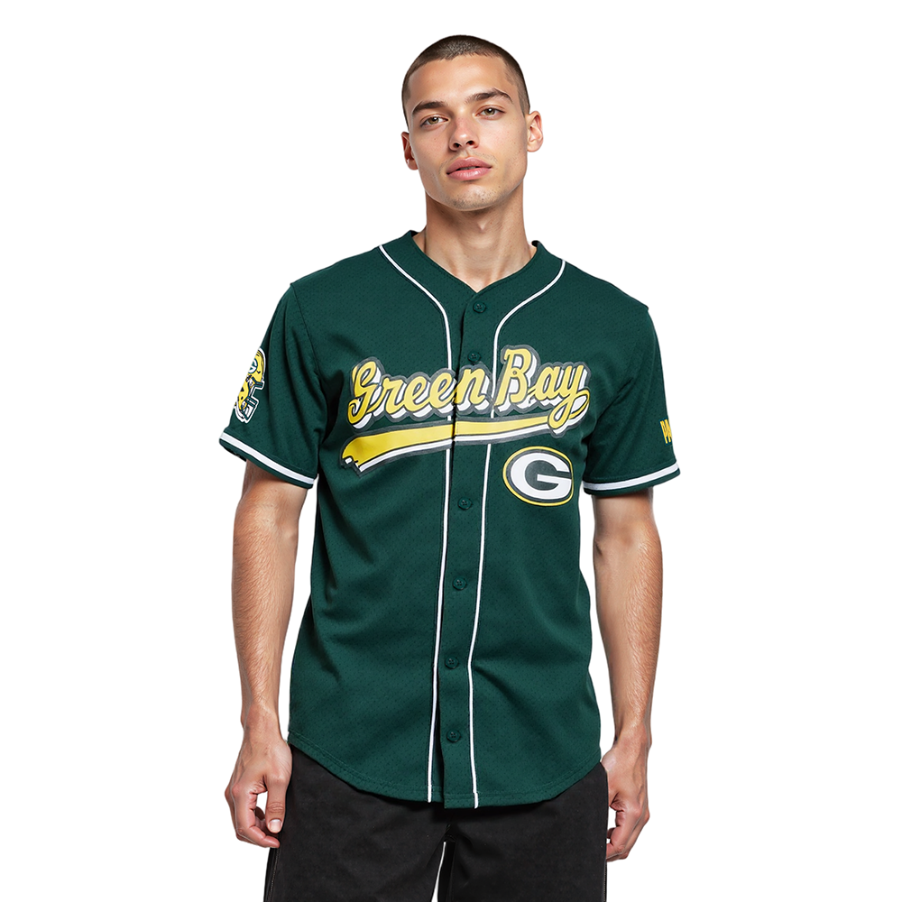 NFL GREEN BAY PACKERS SCRIPT TAIL MEN'S MESH BUTTON DOWN SHIRT (FOREST GREEN)