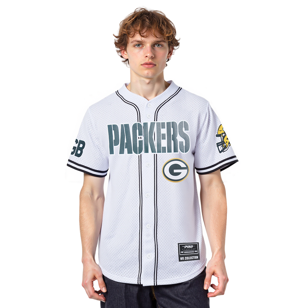 NFL GREEN BAY PACKERS MESH BUTTON UP SHIRT (WHITE / BLACK / WHTE)