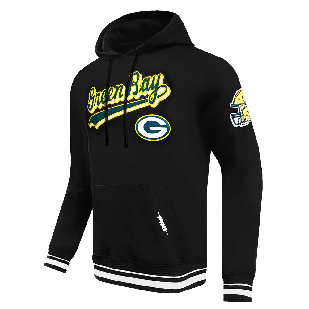 NFL GREEN BAY PACKERS SCRIPT TAIL MEN'S RIB FLC PO HOODIE (BLACK)