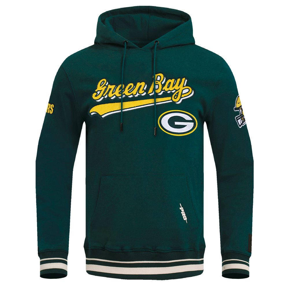 NFL GREEN BAY PACKERS SCRIPT TAIL MEN'S RIB FLC PO HOODIE (FOREST GREEN)
